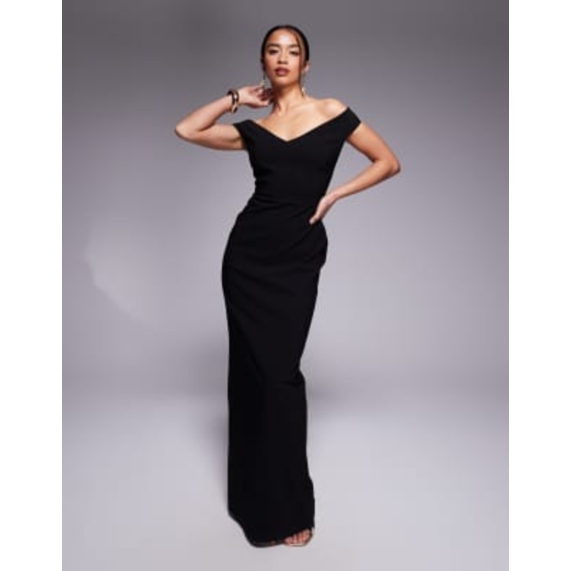 Vesper Petite bengaline sweetheart neckline off the shoulder maxi dress in black