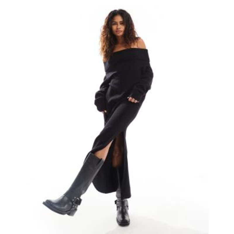 Weekday Malena bardot knitted maxi dress with side split in black exclusive to