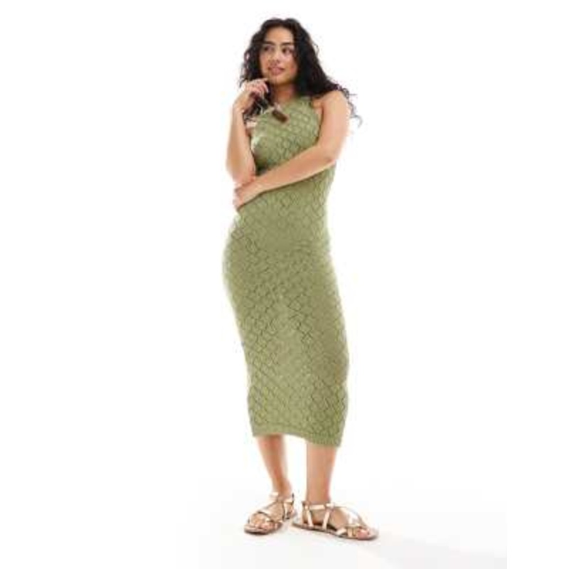 Y.A.S crochet halterneck maxi dress in sage green