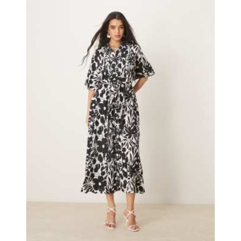 YAS belted button front fluted sleeve dress in monochrome floral print