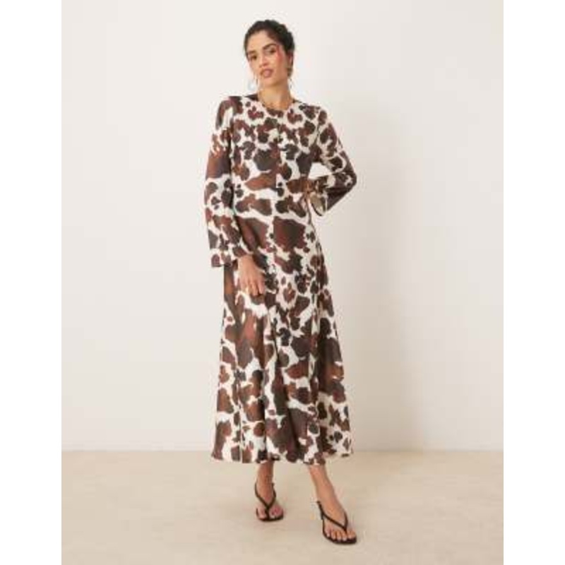 YAS long sleeve satin maxi dress in brown cow print