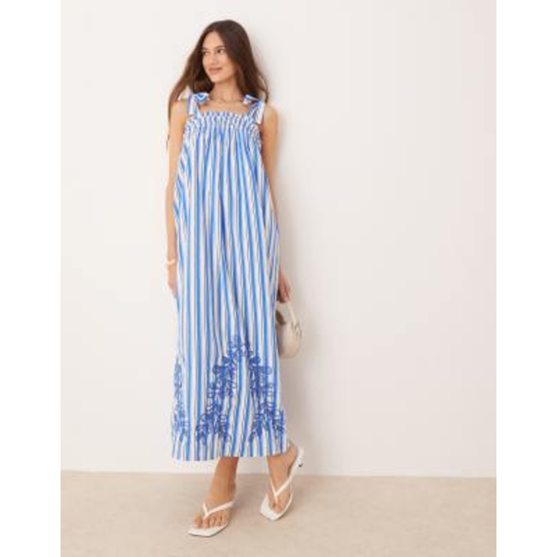 YAS tie shoulder smock maxi dress with premium floral embroidered detail in blue stripe