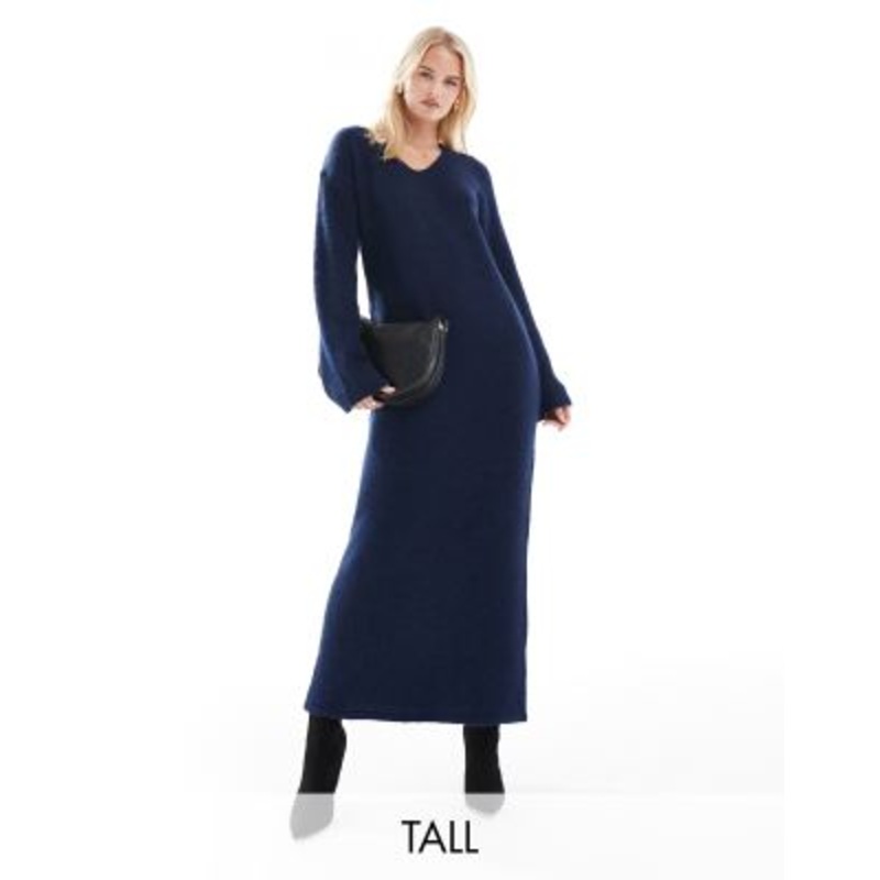 4th & Reckless Tall wool mix fluffy knit v neck maxi sweater dress in navy