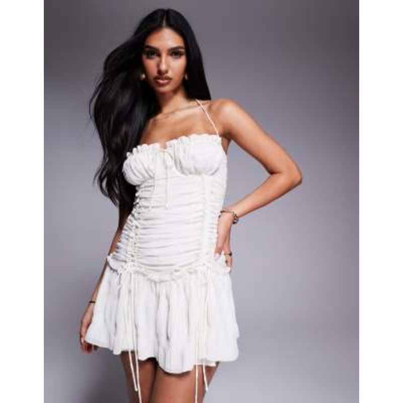 Aria Cove chiffon trim ruffle drop waist tie detail mini dress in white