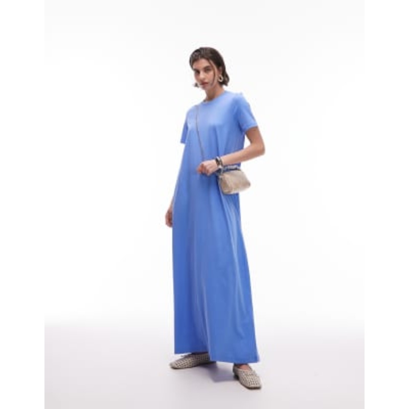 ARKET pure cotton jersey maxi dress with short sleeves in blue
