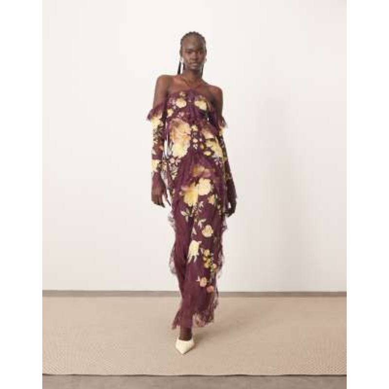 ARRANGE embroidered lace halter cold shoulder ruffle maxi dress in burgundy