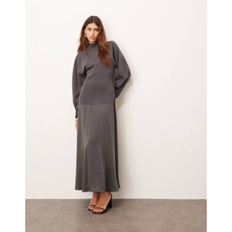 ARRANGE hybrid knit mix sculpted sleeves maxi dress in charcoal