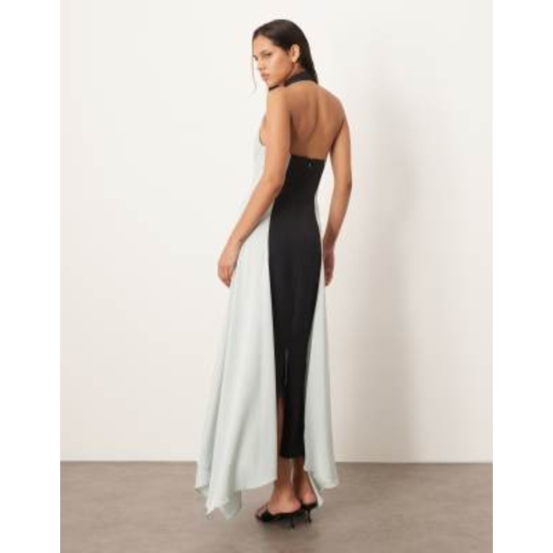 ARRANGE satin contrast back halter square cut maxi dress in ice blue and black