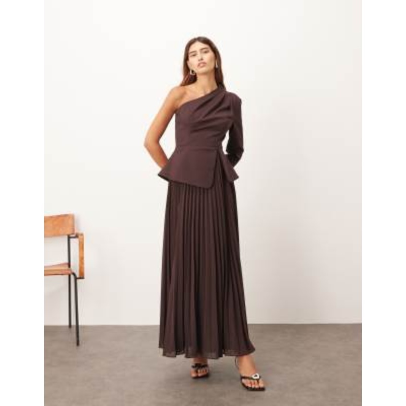 ARRANGE sculpted one shoulder maxi dress with micro pleated hem in chocolate
