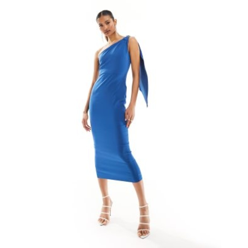 Vesper bengaline exclusive one shoulder drape detail midaxi dress in blue