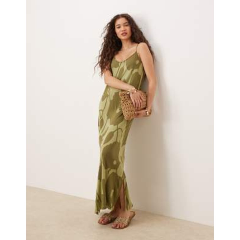 VILA jersey cami midi dress in sage green flower print