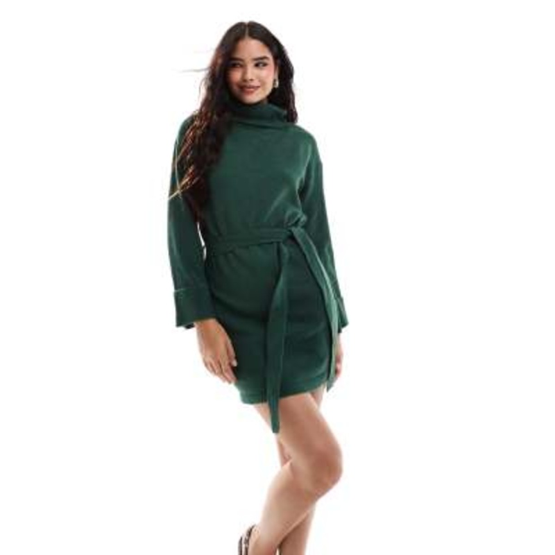 Vila turtle neck mini sweater dress with tie waist in green