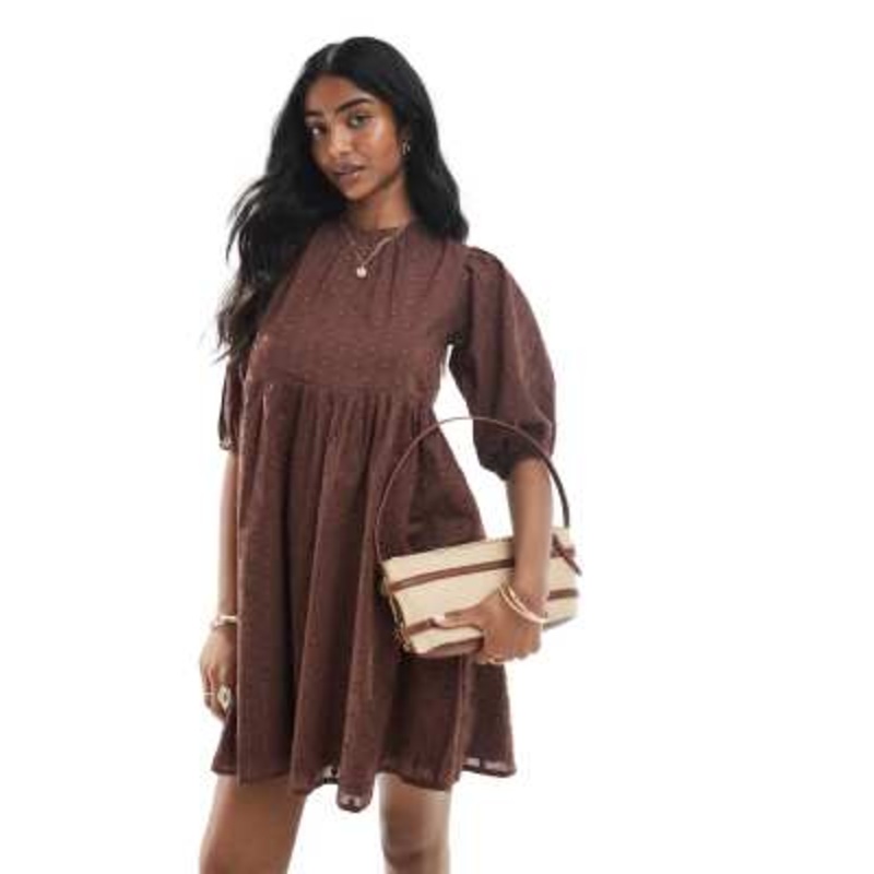 Wednesday’s Girl puff sleeve textured smocked mini dress in brown