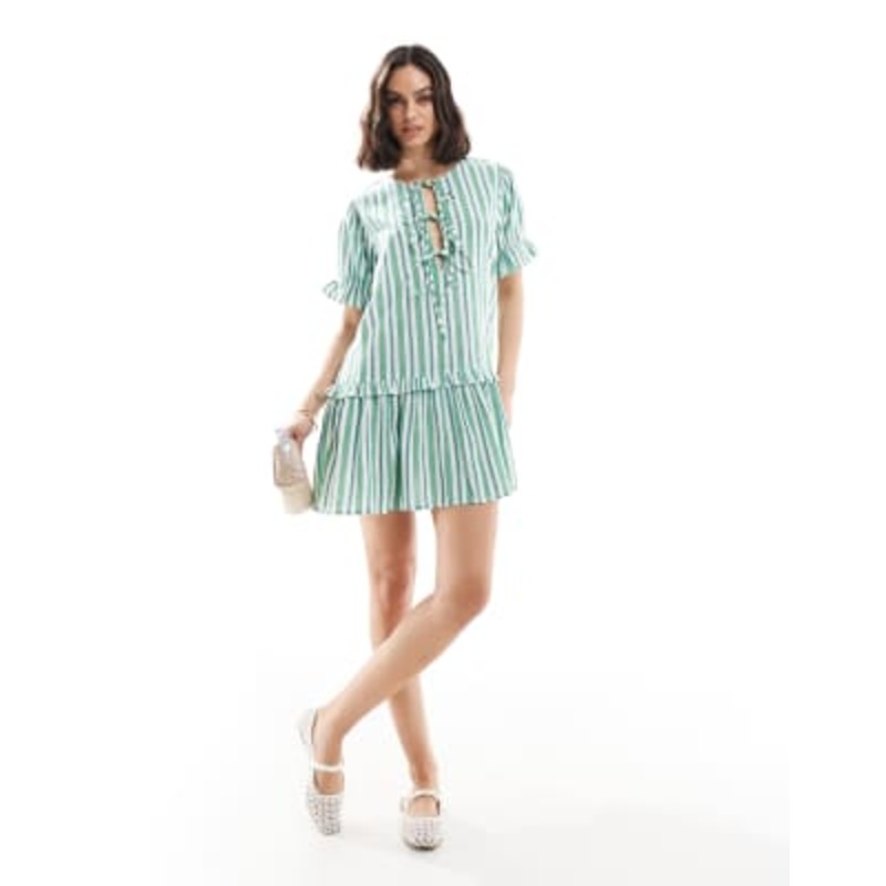 Wednesday’s Girl tie detail striped mini dress in green