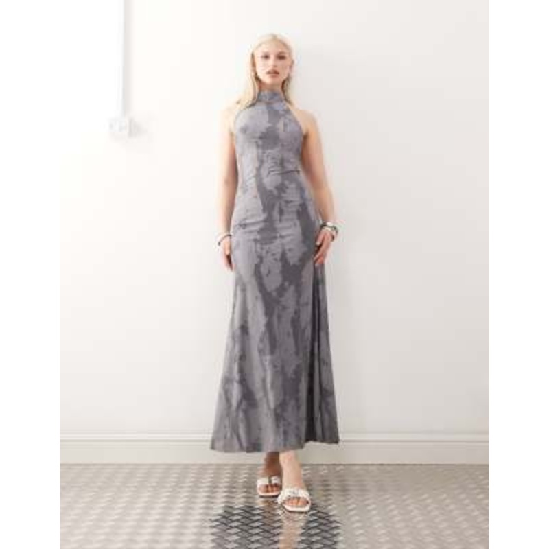 Weekday halterneck jacquard maxi dress in dark gray