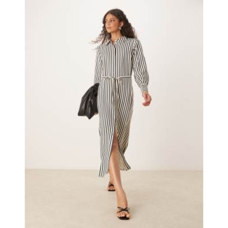 YAS tie waist maxi shirt dress in black and cream stripe