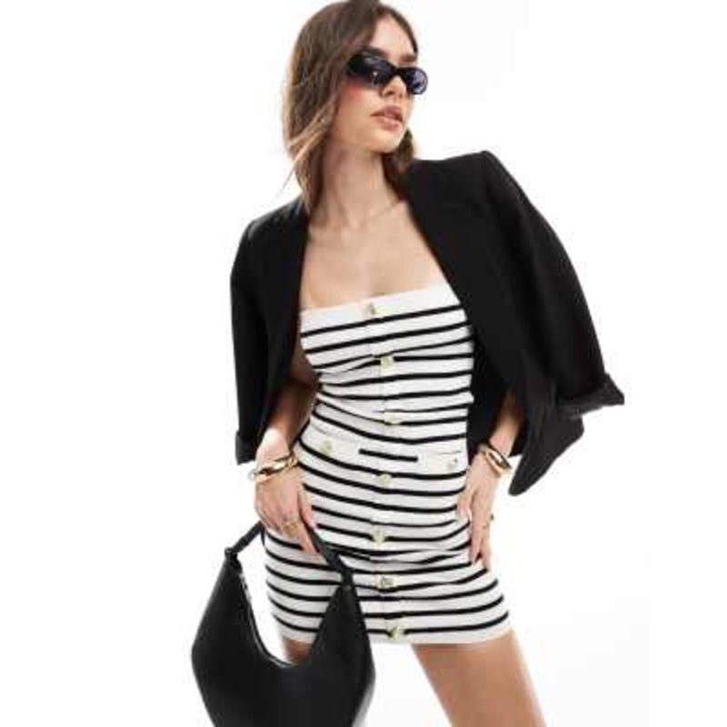 4th & Reckless knit bandeau gold button detail mini dress in black stripe