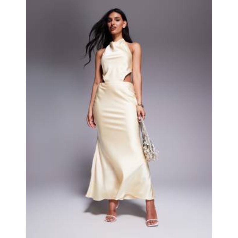 Aria Cove satin cowl halterneck open tie back detail fishtail maxi dress in lemon