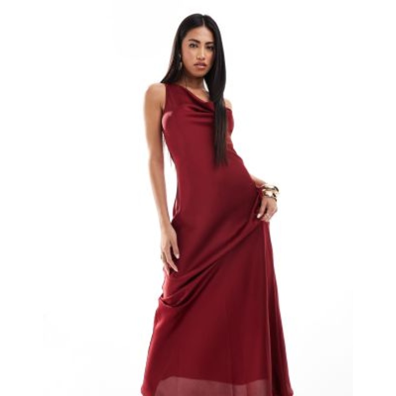 Aria Cove satin cowl neck open cross back maxi dress in red