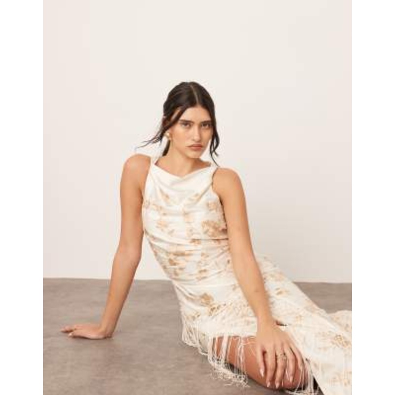 ARRANGE embroidered satin drape midi dress with fringe in off-white