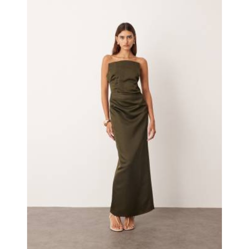 ARRANGE structured satin bandeau maxi dress in olive