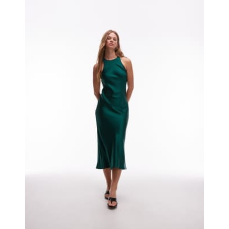 & Other Stories bias cut satin midi dress in dark green