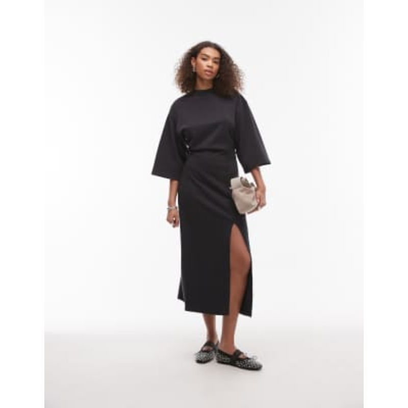 & Other Stories jersey midi dress with wide sleeves and front slit in black