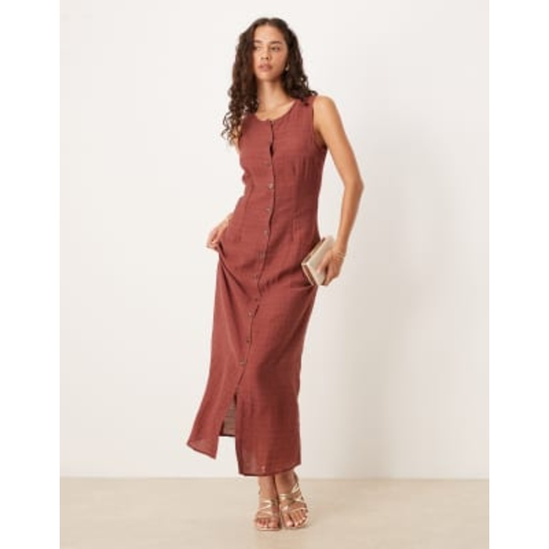 VILA button front midi dress in burnt henna check