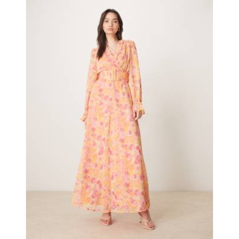 VILA chiffon wrap maxi dress in orange floral print