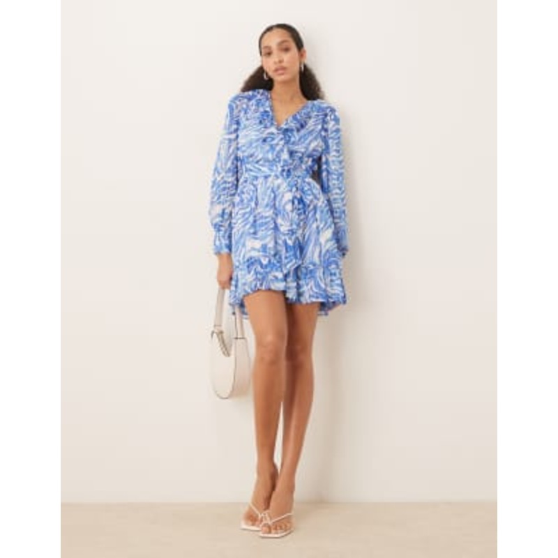 VILA flounce mini dress in blue zebra print