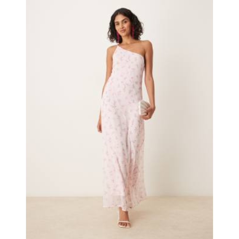 Vila one shoulder maxi dress in pink delicate floral