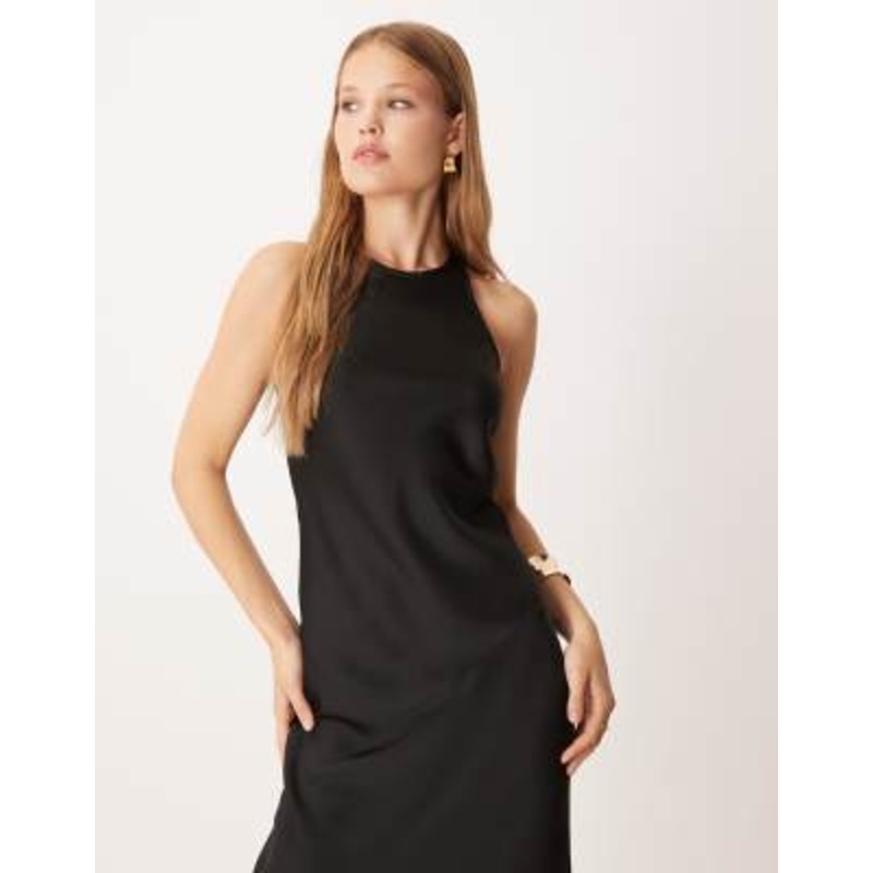 Vila racer satin midaxi dress in black
