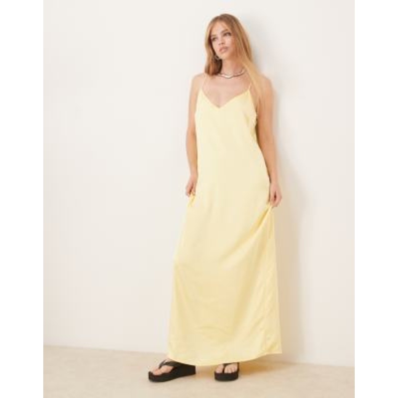 VILA satin scallop trim cami maxi dress in pale banana