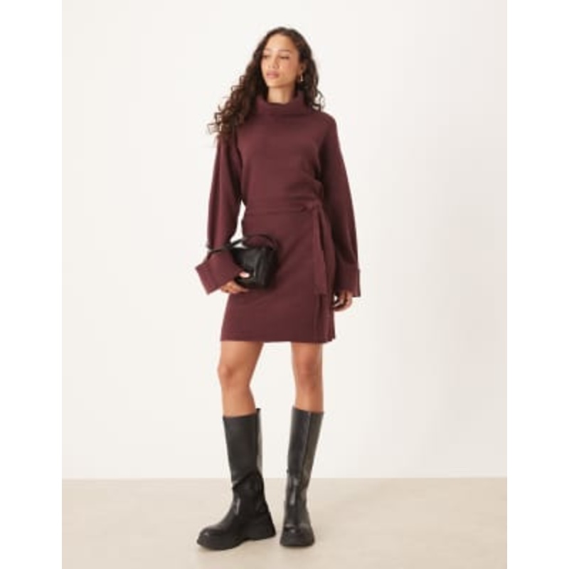 VILA tie waist high neck knit mini dress in burgundy