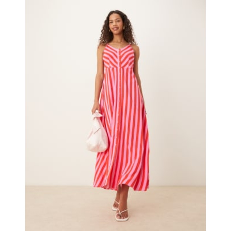 YAS button front cami maxi dress in pink and red stripe