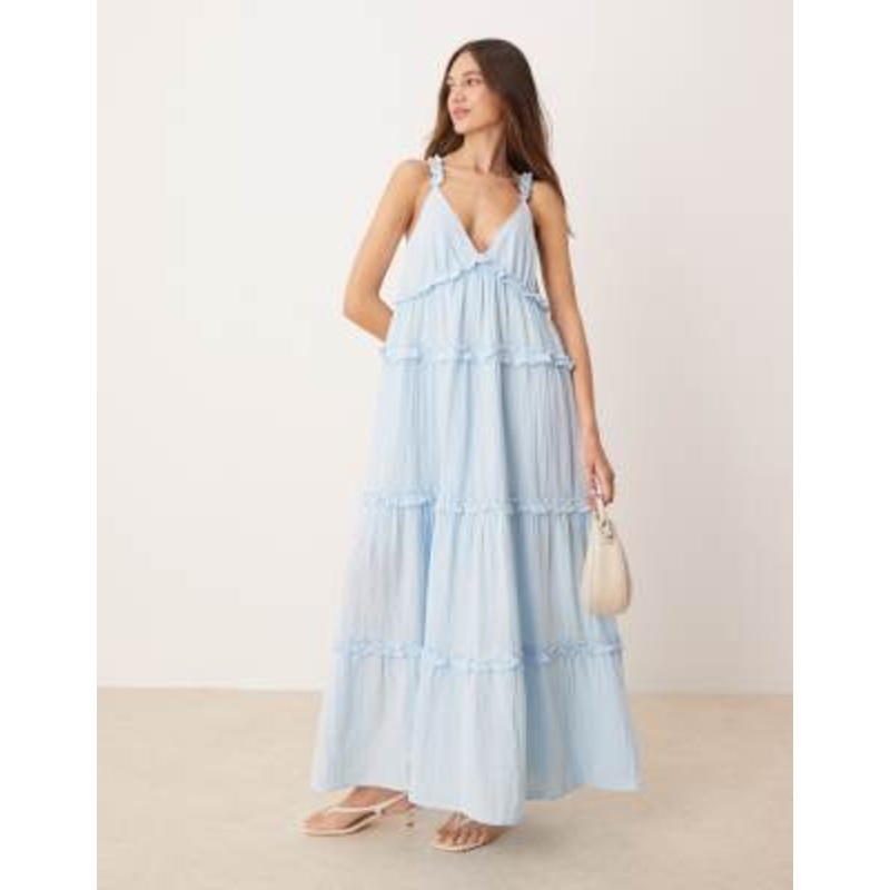 YAS tiered ruffle detail cami maxi dress in soft blue