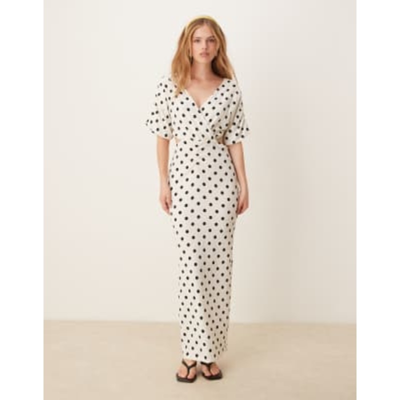 YAS wrap cut out detail maxi dress in white and black polka dot