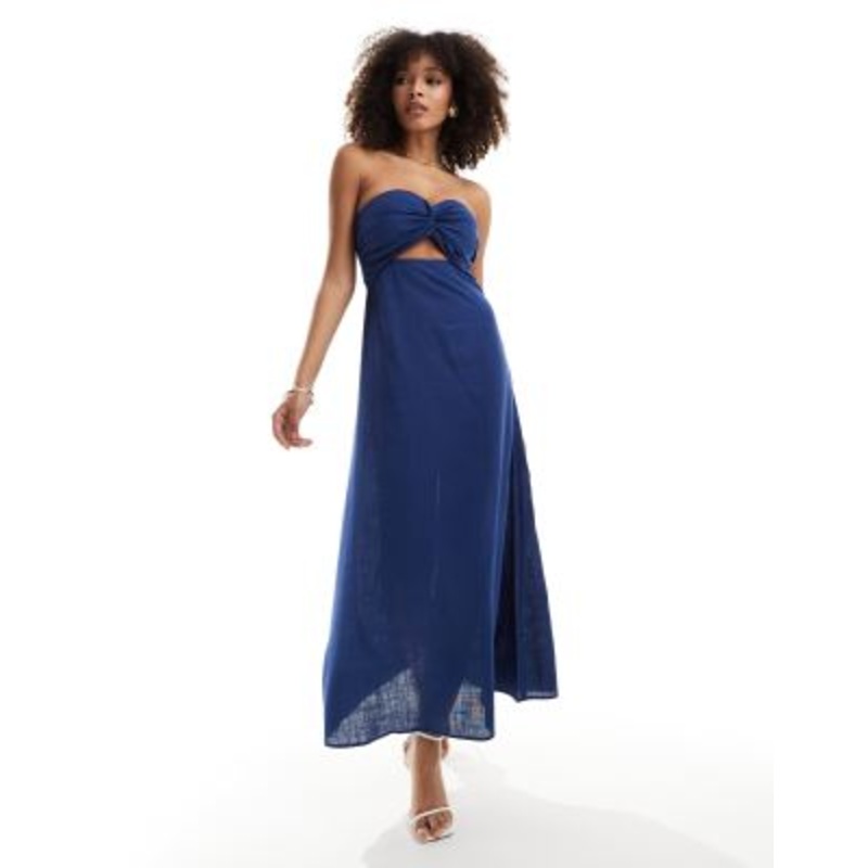 4th & Reckless linen blend bandeau cut out maxi dress in blue