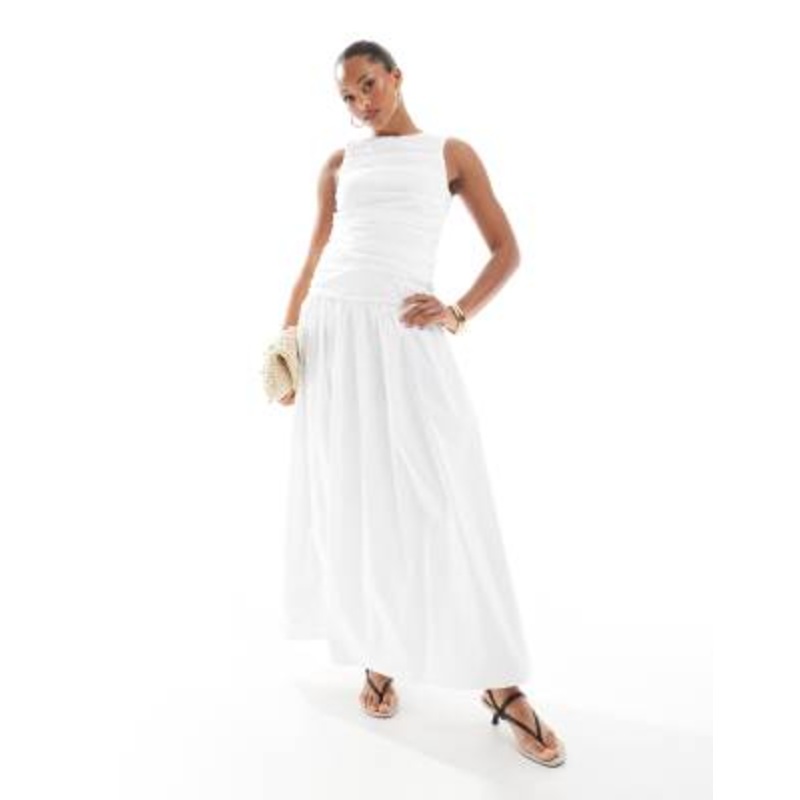 4th & Reckless ruched poplin sleeveless drop waist maxi dress in white