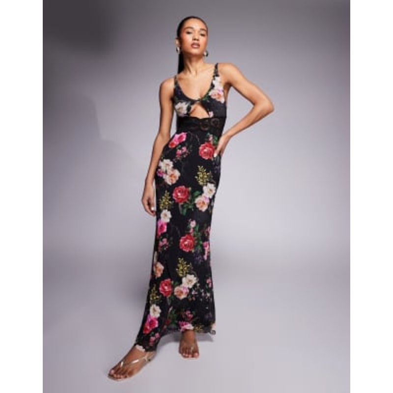AFRM lace cut out maxi dress in black summer rose print