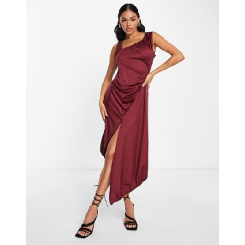 Amy Lynn satin gathered midi dress in burgundy