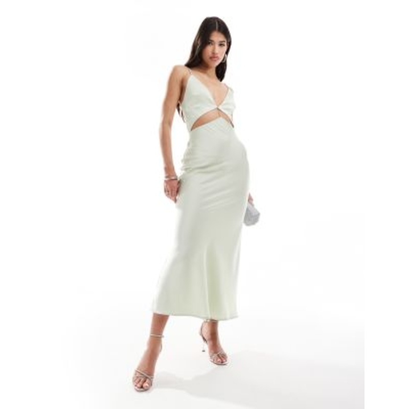 Aria Cove satin plunge neck cut out maxi dress in sage