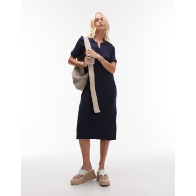 ARKET jersey ribbed midi polo dress in navy