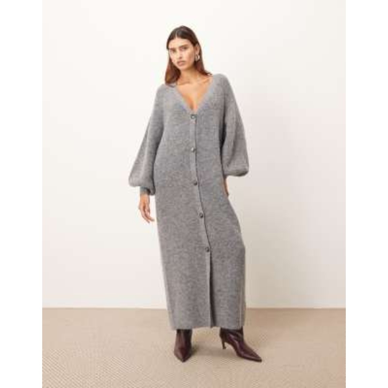ARRANGE knit balloon sleeves button up maxi dress in gray
