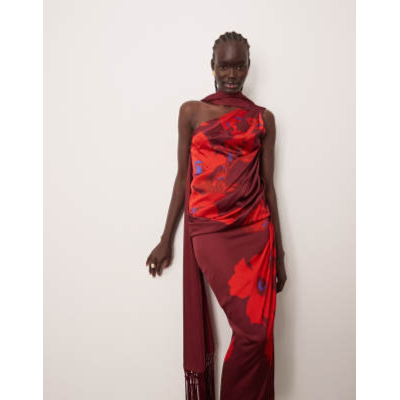 ARRANGE scarf neck draped midi dress with low back in large bloom floral