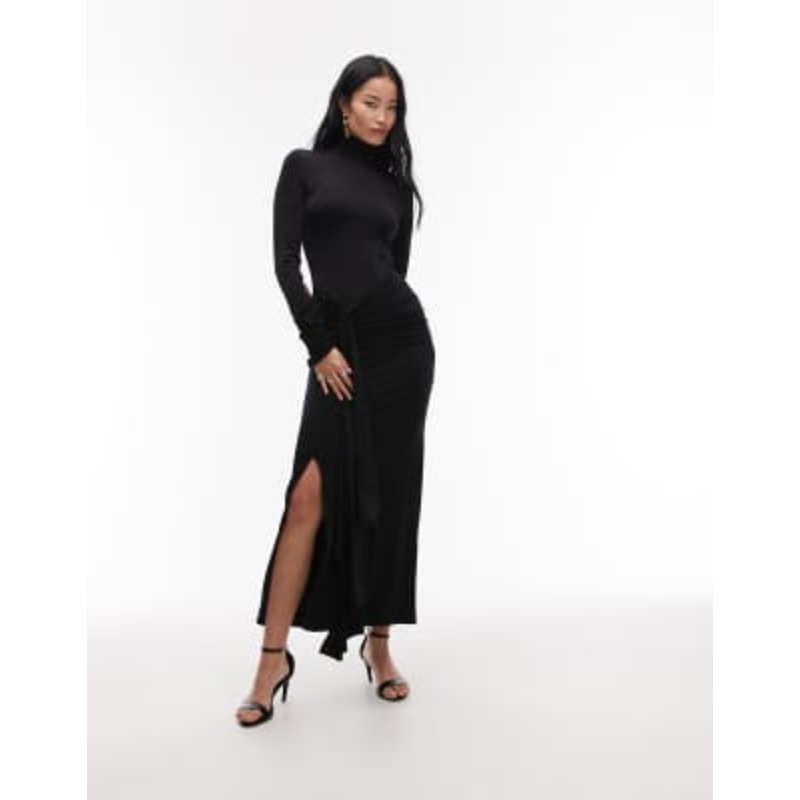 & Other Stories maxi dress with high neck and draped sash detail in black