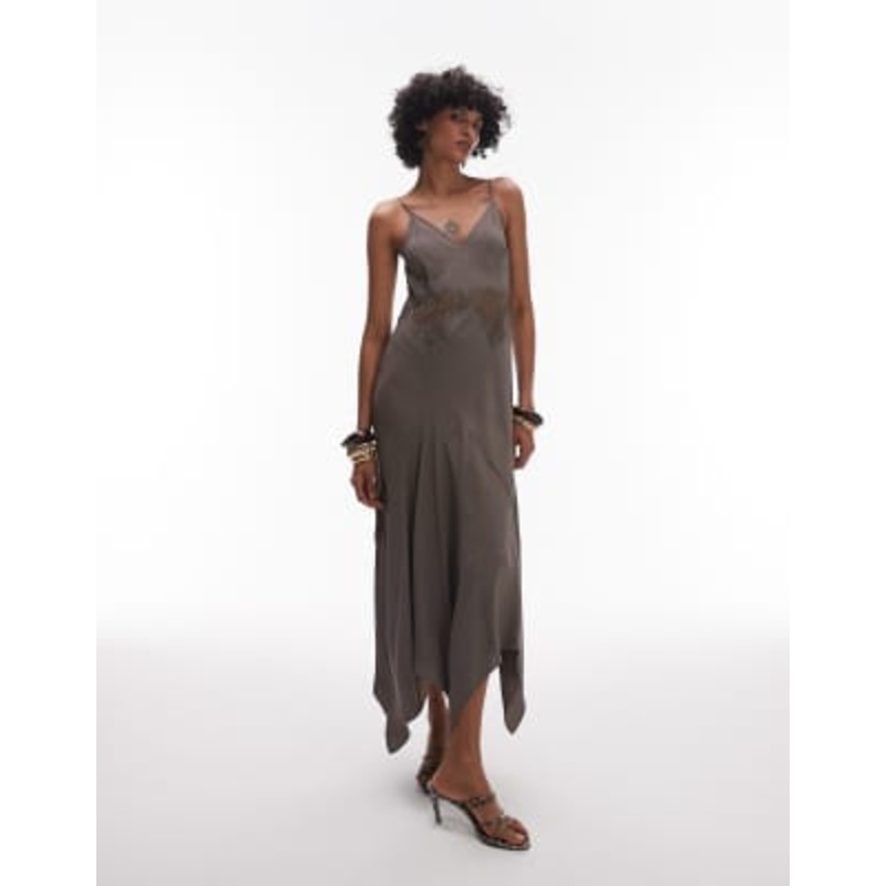 & Other Stories slip dress with lace panel inserts and asymmetric hem in light brown