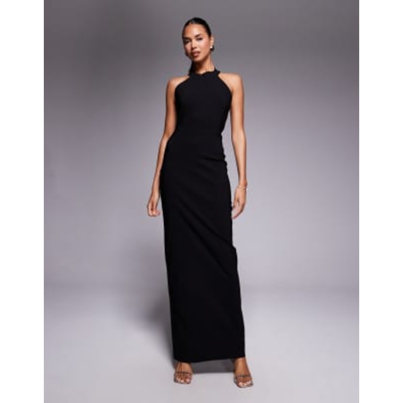 Vesper bengaline high scoop halterneck low back maxi dress in black