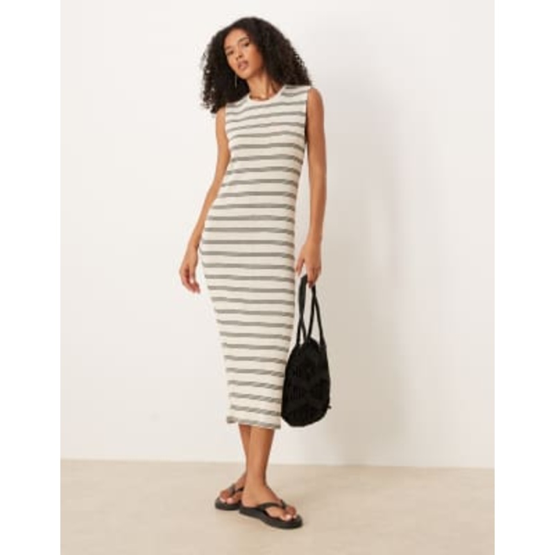 VILA knit stripe midi dress in cream and dark green