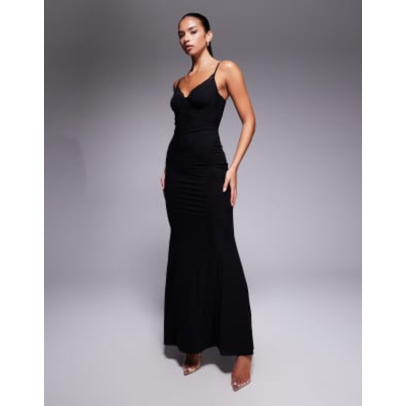 Wanderdoll Leah triple layered sculpting mesh lace cup detail cami fishtail maxi dress in black